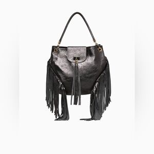 Fringed Gunmetal/Black Leather Shoulder Bag